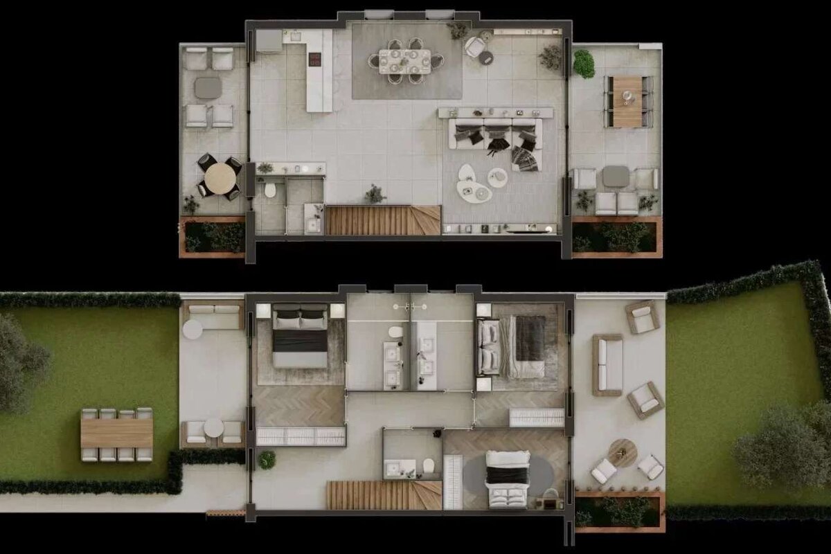 Two-story modern house floor plan rendering. Upper level shows living, dining, kitchen, and patios. Lower level has bedrooms, bathrooms, and a garden.