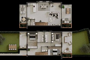 Two-story modern house floor plan rendering. Upper level shows living, dining, kitchen, and patios. Lower level has bedrooms, bathrooms, and a garden.