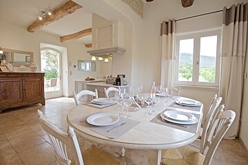 A dining room table with plates and glasses on it