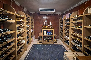 A cozy wine cellar filled with wooden racks of wine and spirits, a ceiling chiller, red tiled walls, and a dark patterned rug.