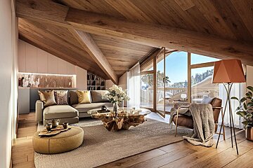 A warm, modern-rustic attic living room with a vaulted wooden ceiling, comfy seating, unique coffee table, and large windows revealing a scenic mountain view.