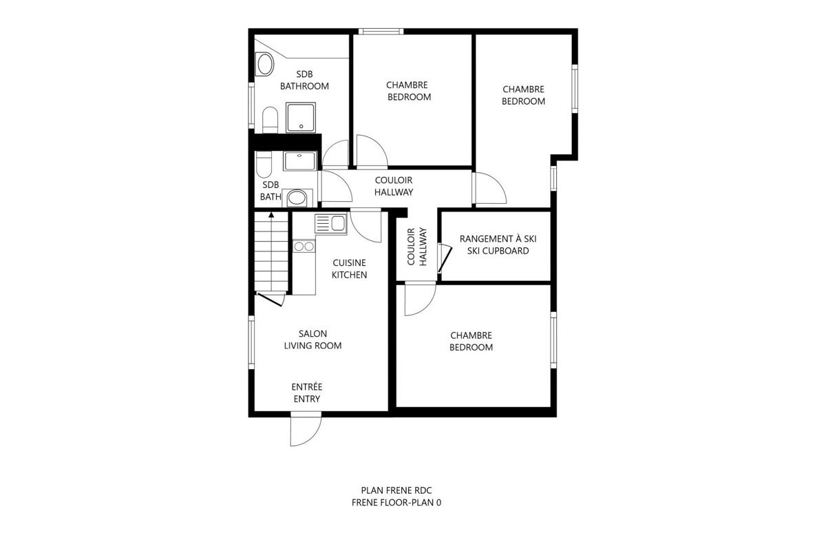 A floor plan with an entry, living room, kitchen, 2 baths, 3 beds, ski cupboard, and hallways. Labels are in French/English.