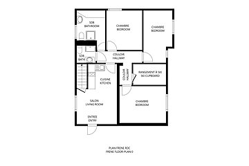 A detailed floor plan showing an entry, living room, kitchen, 3 bedrooms, 2 bathrooms, hallways, and a ski cupboard.