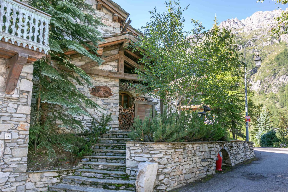 Rustic stone alpine chalet with steps, stacked firewood, and surrounding trees, set against a mountain backdrop.