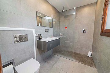 A bathroom with a toilet a sink and a walk in shower