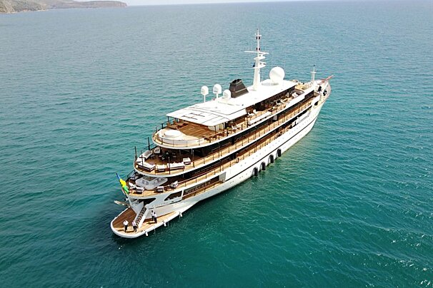 An aerial view of a large yacht in the ocean