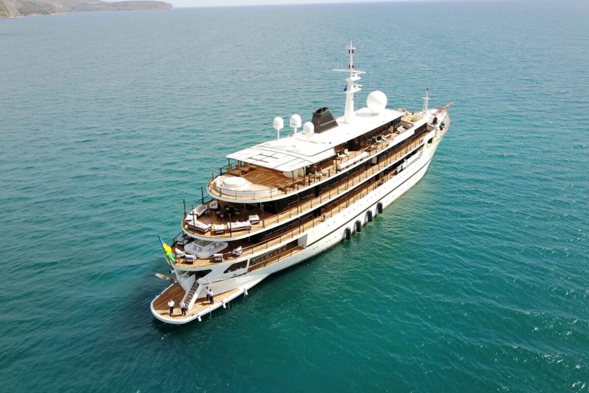 An aerial view of a large yacht in the ocean