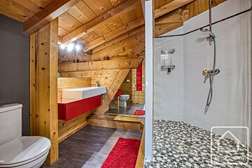 A bathroom with a walk in shower and a toilet