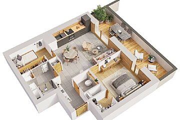 A detailed 3D floor plan of a modern apartment featuring two bedrooms, a kitchen, living area, bathroom, and a balcony.