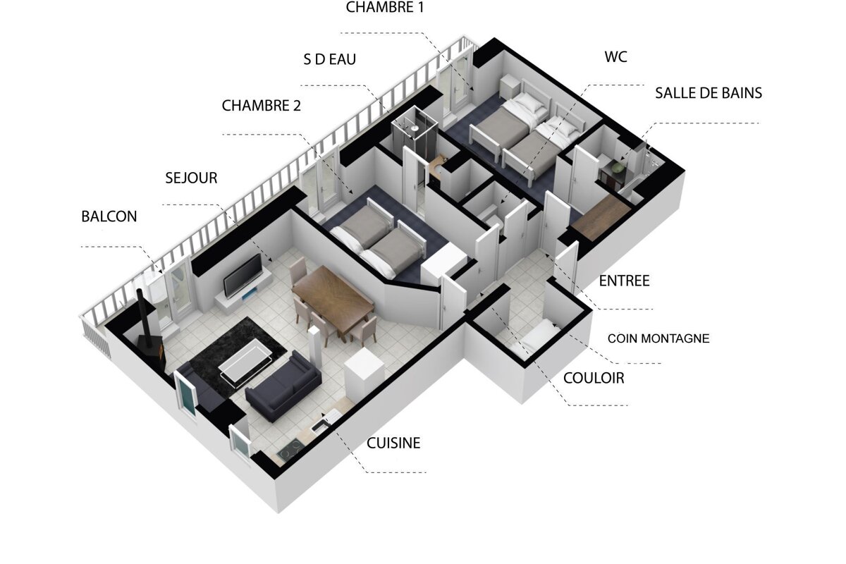 An isometric floor plan of a house with a balcony