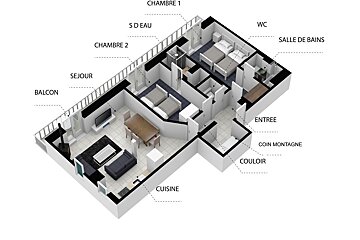 An isometric floor plan of a house with a balcony
