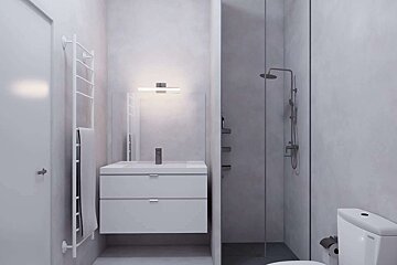A minimalist, modern grey and white bathroom featuring a vanity with a mirror, a glass-enclosed shower, a towel warmer, and a toilet.