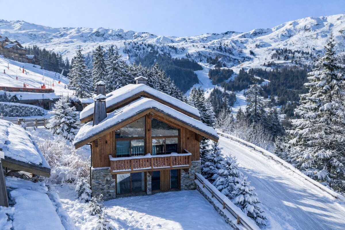 A picturesque wooden ski chalet in the snow-covered mountains, surrounded by evergreen trees under a bright blue sky.