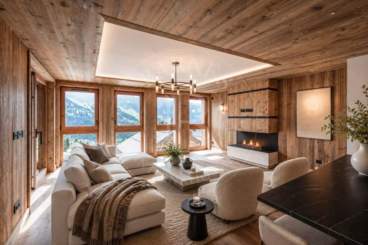 A cozy, wood-paneled living room with a fireplace, modern furniture, and large windows showcasing scenic mountain views.