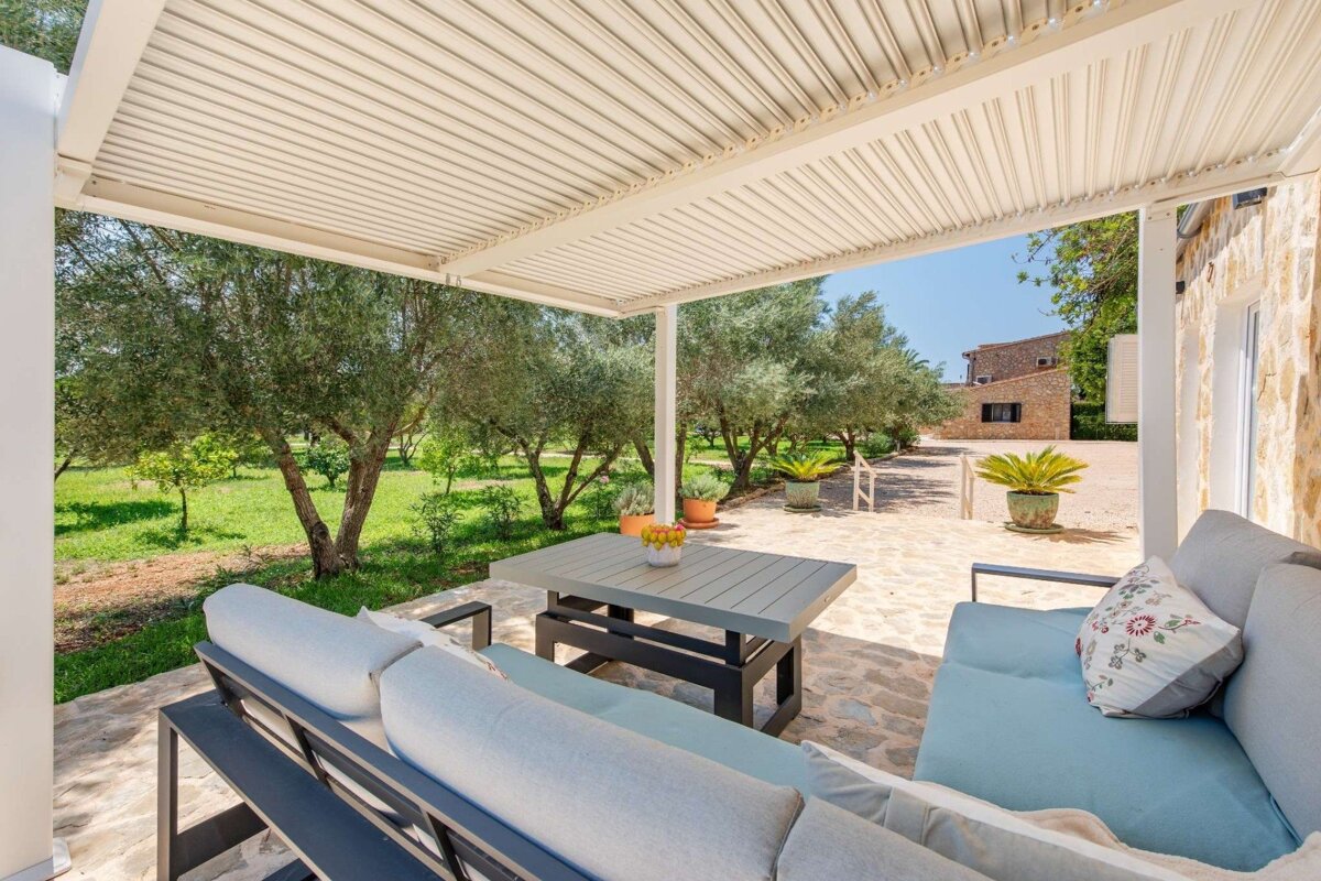 A sunny outdoor patio with modern furniture under a slatted roof, overlooking a vibrant olive grove and green field with a distant building.