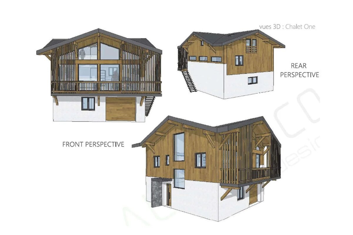 3D architectural renderings showing front, rear, and angled perspective views of a two-story modern wood and white plaster chalet.