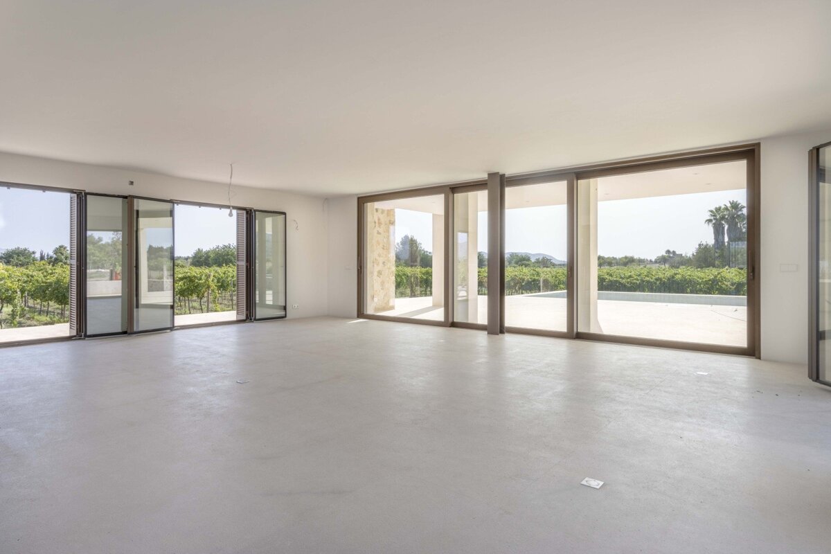 A bright, empty modern room with a light gray floor and multiple large glass doors opening to a lush green vineyard and patio under a sunny sky.