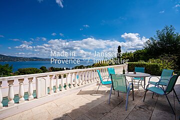 A balcony with a table and chairs and the words made in provence by immobilier