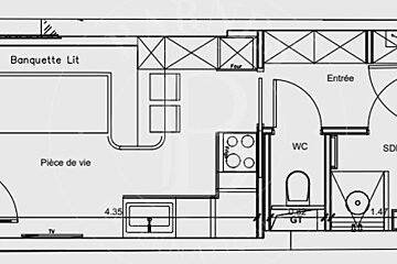 Black and white architectural floor plan of a small apartment, showing living area with sofa bed, kitchen, entrance, toilet, and bathroom.
