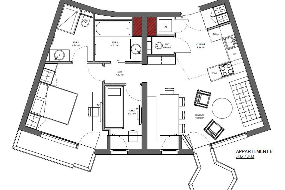 Floor plan of an apartment with angled walls, featuring two bedrooms, two bathrooms, a living room, kitchen, and balconies.