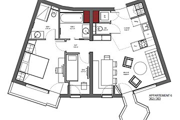 Floor plan of an apartment with angled walls, featuring two bedrooms, two bathrooms, a living room, kitchen, and balconies.