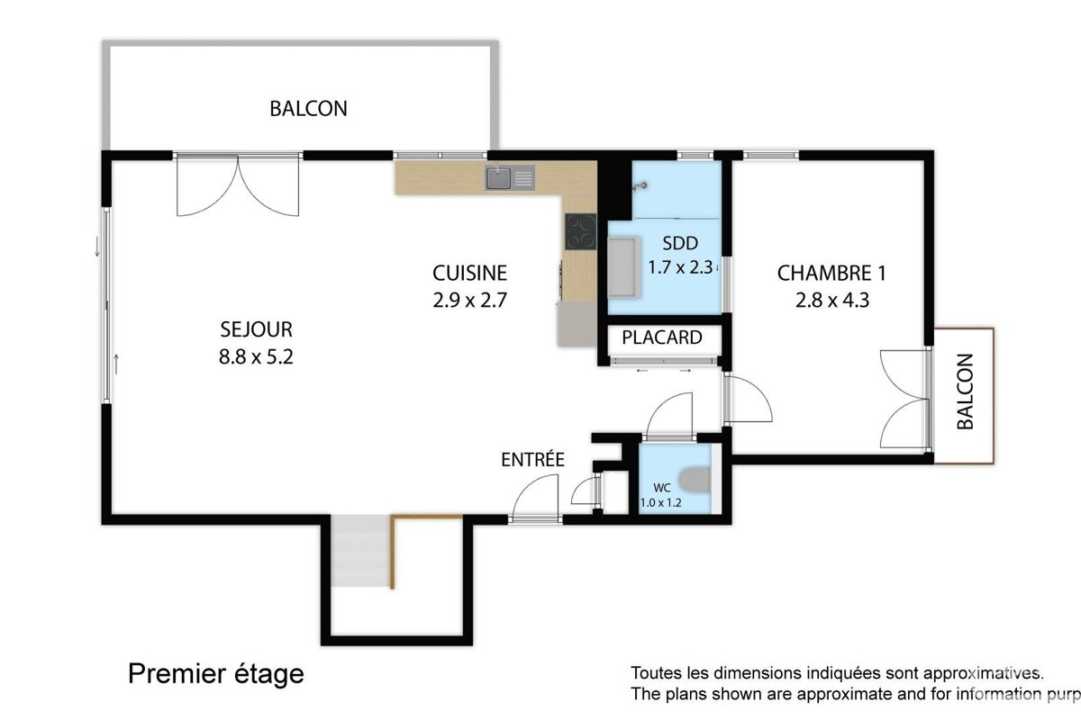 A first-floor apartment floor plan showing a living room, kitchen, bedroom, shower room, WC, entry, and two balconies with dimensions.
