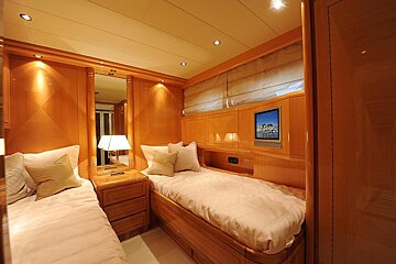 A bedroom with two beds and a television on the wall