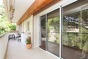 A balcony with a sliding glass door and a potted plant