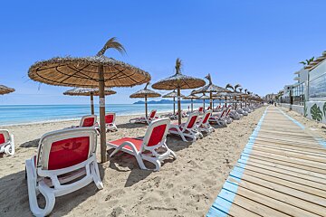 A row of beach chairs and umbrellas on a sandy beach