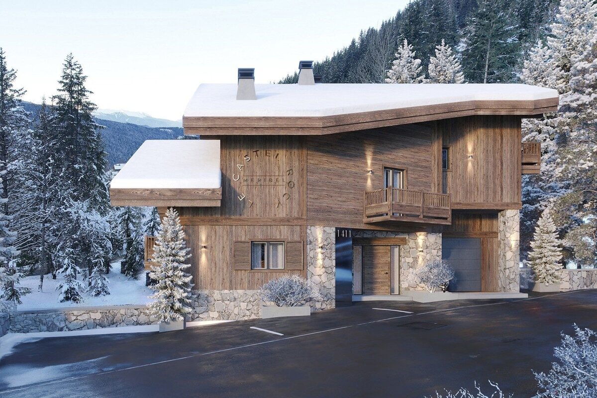 A modern wooden ski chalet with snow-covered roofs, nestled in a snowy pine forest.