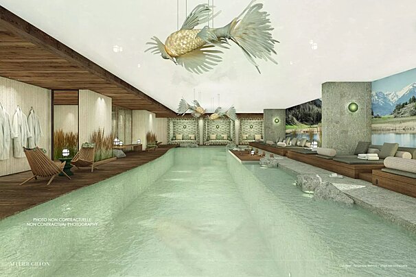 A luxurious indoor spa with a light green pool, giant fish chandeliers, natural wood and stone accents, and serene mountain landscape murals.