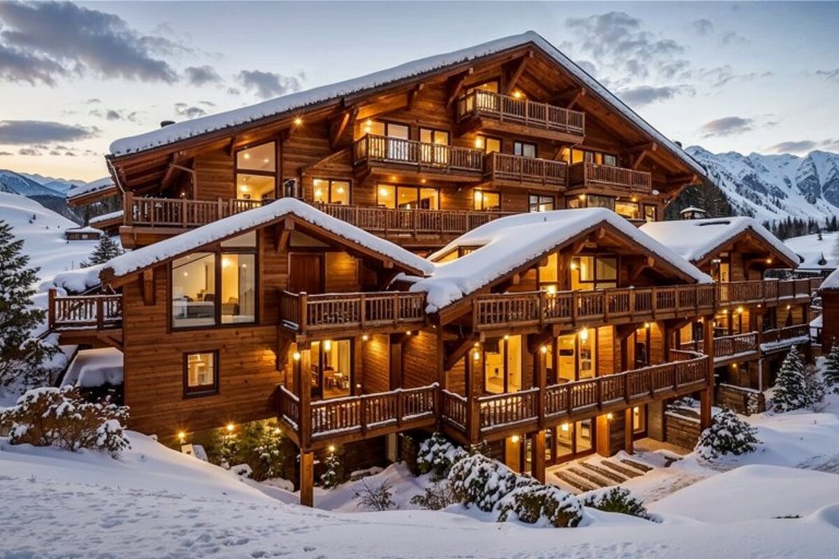 A large, warmly lit wooden chalet nestled in a snowy mountain landscape.