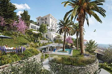 A sunny hillside resort features a white hotel (HELIOS), terraced gardens, a swimming pool, and palm trees. People are relaxing outdoors amidst colorful flowers.