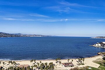 An aerial view of a beach with palm trees and mountains in the background
