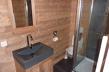 A modern rustic bathroom with wood-paneled walls, a dark stone sink, gold faucet, toilet, and a glass shower enclosure.