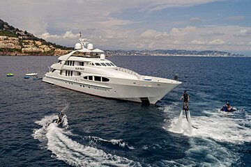 A large white yacht with the name la force on the side
