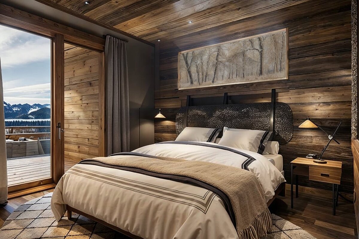 A cozy, wood-paneled bedroom with a large bed, a forest painting, and a balcony overlooking snow-capped mountains and a winter landscape.