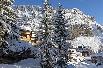 A snowy landscape with a mountain in the background