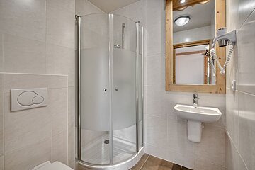 A clean, modern bathroom with a corner shower cabin, a white sink under a wooden-framed mirror, and a toilet flush plate visible.