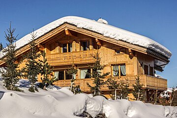 Rustic wooden Alpine chalet covered in deep snow, surrounded by snowdrifts and small trees under a bright blue winter sky.