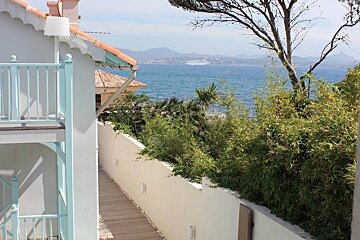 A view of the ocean from the side of a building