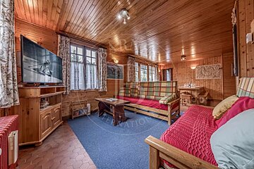 Cozy wood-paneled room with living and dining areas. Features blue carpet, red sofas, TV showing skiing, and rustic cabin charm.