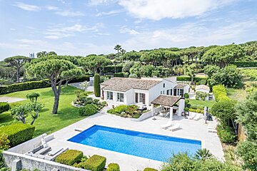 A white house with a large swimming pool in front of it
