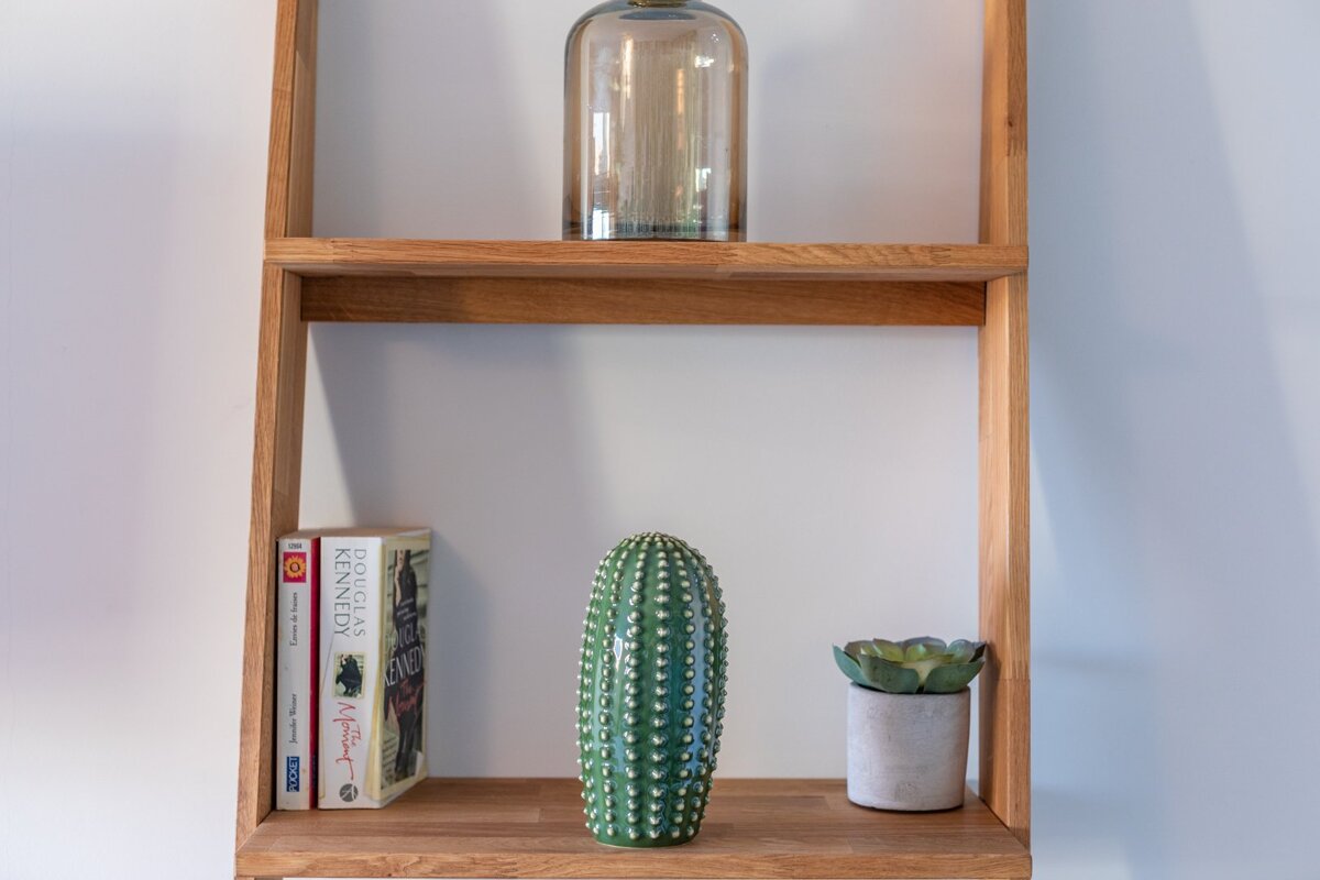 A bookshelf with a cactus and a vase on it