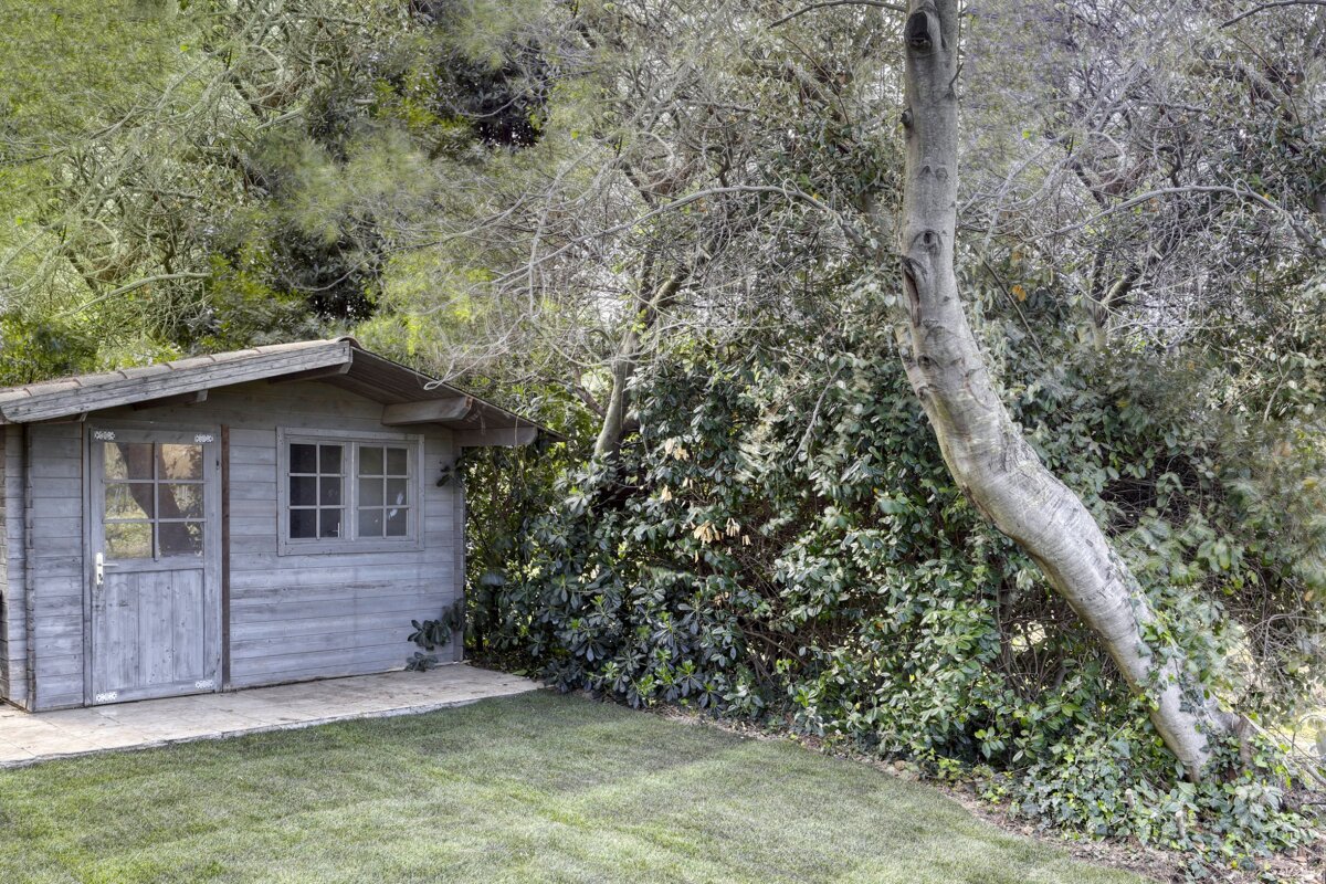 A wooden shed with a door that is open