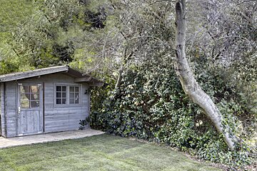 A wooden shed with a door that is open