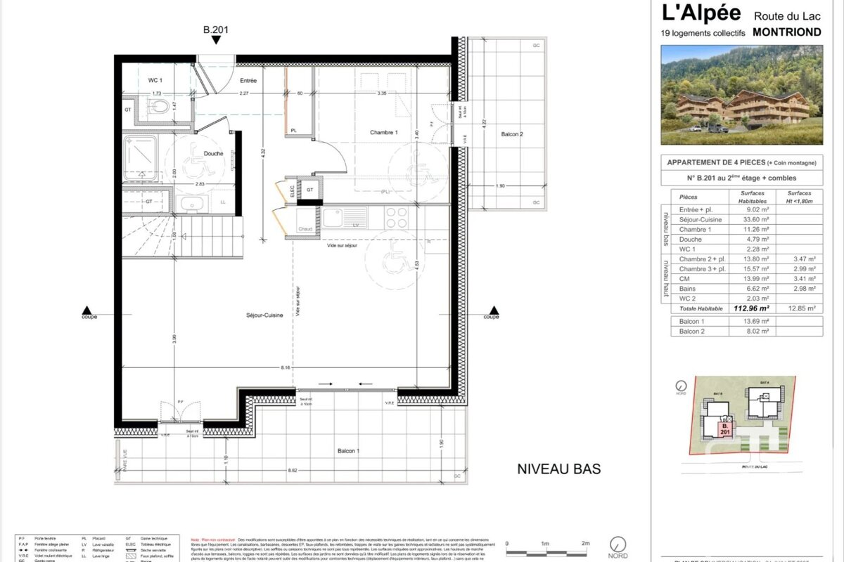Architectural floor plan of a 4-room apartment at "L'Alpée" in Montriond, showing the lower level layout, balcony, and dimension tables.