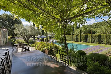 A table and chairs in a garden with a sign that says janssens immobilier