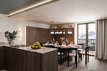 An artist 's impression of a kitchen and dining area