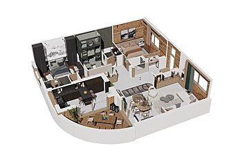 A detailed 3D rendering of a modern apartment floor plan with multiple rooms, including bedrooms, kitchen, living, dining, and outdoor deck.